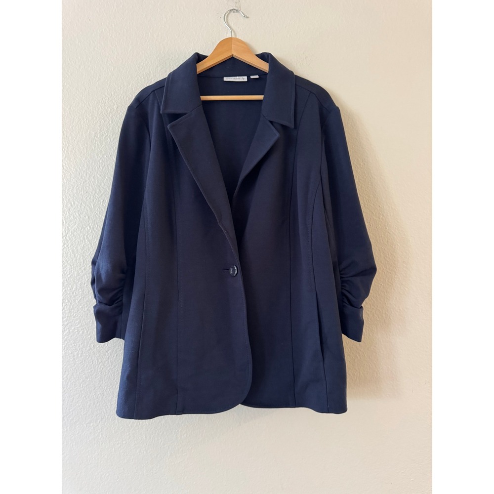 Susan Graver Ruched 3/4 Sleeve Knit Blazer XL Navy Blue Excellent Condition